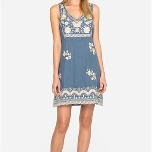 Johnny Was Blue and Cream Embroidered Mini Dress